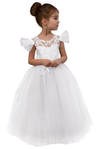 Puffy Flower Girl Dress Princess Tulle Pageant Ball Gown Girls V-Back Lace Appliques First Communion Dresses with Bow