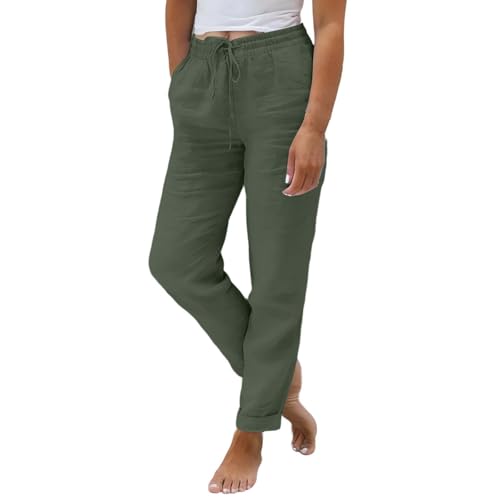 Pantalon lin taille haute fluide modèle décontracté avec poches coupe 7/8 d'été