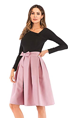 Saia feminina evasê plissada vintage cintura alta patinadora midi com gravata borboleta, rosa, Large