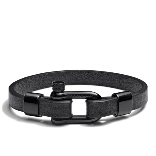 Elegatto Morelle Premium Leather Bracelet for Men | Full-Grain Black Leather with Silver Polished Stainless Steel Shackle Closure | Men’s Designer Jewelry