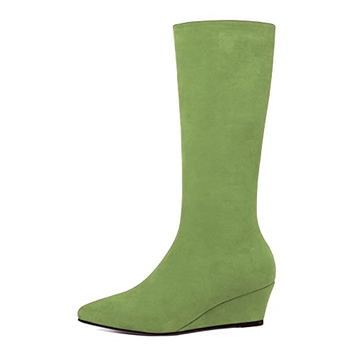 SKYSTERRY Womens Pointed Toe Suede Casual Dating Zip Wedge Low Heel Mid Calf Boots 2 Inch2