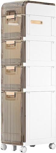 Armario estrecho de almacenamiento de papel higiénico, armario de almacenamiento de plástico para baño, torre de almacenamiento lateral impermeable con cajones y ruedas de bloqueo para baño pequeño,