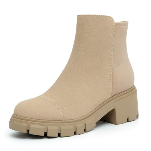 Athlefit Women's Ankle Boots Fashion Chunky Heel Nude Boots Lug Sole Chelsea Booties with Side Zipper Size 9