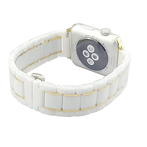 MeShow 41mm 40mm 38mm ツートーン セラミック ステンレススチール 取り外し可能 リンクストラップ ブレスレット ウォッチバンド バタフライバックルクラスプ付き iWatch全モデル用 (ホワイトゴールド)