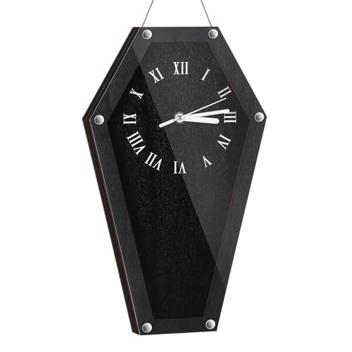 Kenning Halloween Coffin Wall Clock Wooden Gothic Wall Decor Black Baroque Hanging Clock Gothic Coffin Shaped Wall Art for Living Room Bedroom Goth Horror Decorations