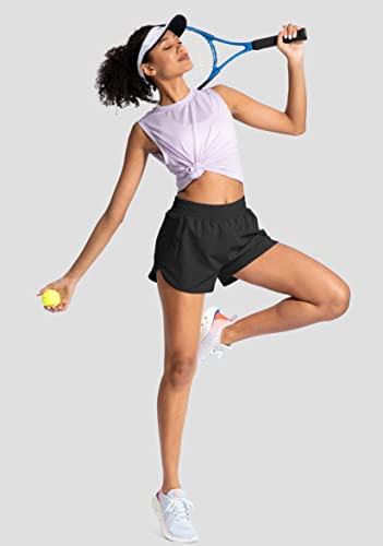 Soothfeel Womens Running Shorts with Zipper Pockets High Waisted Athletic Gym Workout Shorts for Women with Liner Black - Thumbnail 5