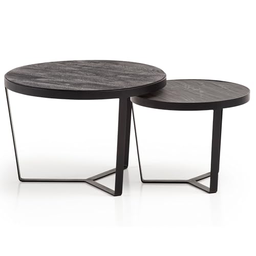 FineBuy Couchtisch 2er Set Akazie Massivholz/Steinoptik Wohnzimmertisch Rund, Satztisch mit Metallgestell, Kaffeetisch Modern, Sofatisch Verschachtelungstisch 2-teilig Schwarz FineBuy Couchtisch 2er Set Akazie Massivholz/Steinoptik Wohnzimmertisch Rund, Satztisch mit Metallgestell, Kaffeetisch Modern, Sofatisch Verschachtelungstisch 2-teilig Schwarz