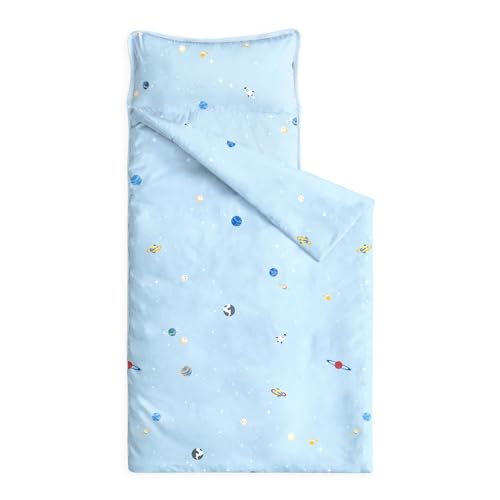 Image of Wake In Cloud - Toddler Nap Mat with Pillow and Blanket, 100% Cotton Fabric, for Kids Boys Ages 3 Plus in Daycare Kindergarten Preschool, Roll Up Sleeping Bag, Galaxy Spaces