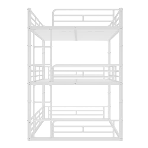 Image of Full Over Full Over Full Bunk Bed with Safety Guardrails, Modern Metal Triple Bed Frame for Kids, No Box Spring Required, White