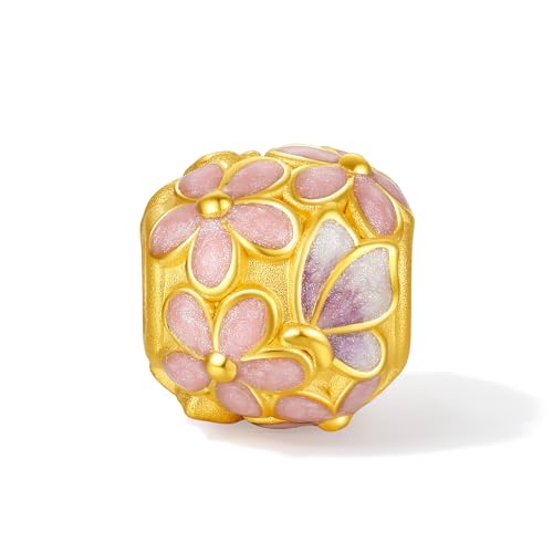 24K Real Gold Flower Charm Bracelet Pure Gold Beaded Bracelets Rose Quartz Bead Beacelet Dainty Jewelry Anniversary Birthday Gifts for Women Mom Daughter 17cm A19148482