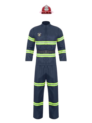 Mufeng 3PCS Homme Déguisement Pompier Tenue Ensemble Top+Pantalon+Chapeau Costume Jeu de Rôle Cosplay Carnaval Halloween Fête Bleu marine M