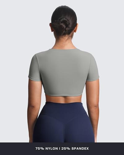 Image of Aoxjox Short Sleeve Crop Tops for Women Sienna Twist Deep V Workout Cropped T Shirt Top (Grey, Large)