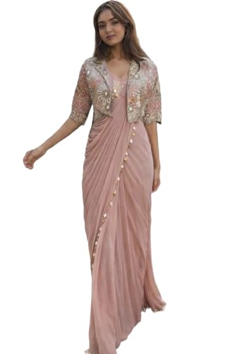 Image of Women's Embellished, Embroidered Ready-to-Wear Crepe Silk Saree with Fully Embroidered Koti, Stitched Blouse & Lace Border - Ethnic for Women