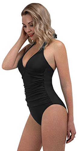 ESPIDOO Women\'s V Neck One Piece Swimsuit Athletic Training Swimwear Bathing Suits, L