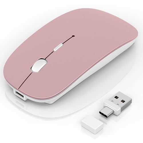 Image of Wireless Mouse for Laptop /MacBook Air /Pro & iPad, Mouse Jiggler Mode Bluetooth 5.2 /2.4G Rechargeable Silent Click 3-Level DPI Slim Portable USB-A&C Receiver (Mouse Jiggler Mode, Rose Gold)