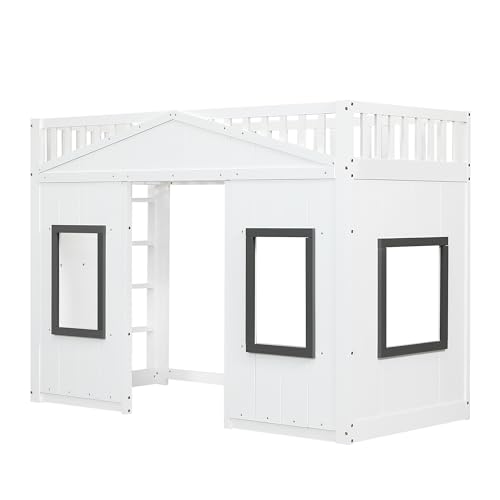 MOBETTRES Etagenbett, Hausbett, mit Treppe, mit Fallschutz und Gitter, Kinderbett mit Fenster, Frei gestaltetes Unterbett, Rahmen aus Kiefer, Kiefer+MDF, Weiß, 90x200cm (A)