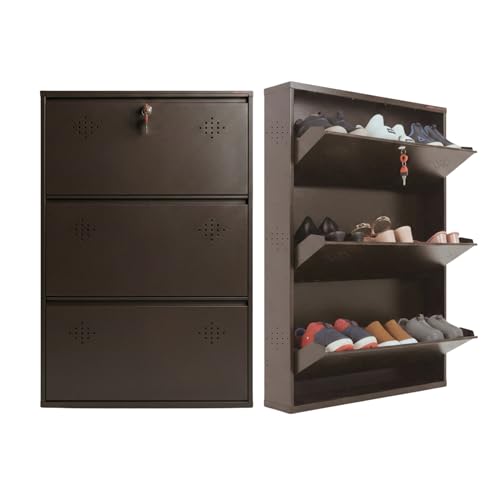 Image of 3 Door Wall Mounted Metal Shoe Rack Cabinet with Lock | Space Saving Shoe Storage Cabinet for Home, Entryway & Balcony | Dustproof Ventilated Shoe Organizer | Brown | 39 x 26 x 6 in