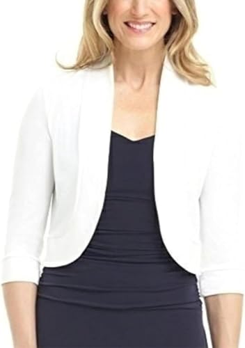 Women's 3/4 Sleeve Bolero Shrug Open Front Solid Short Cardigan Cropped Crop Tops for Dress Spring Fall Sweaters Jackets (A-White, L)