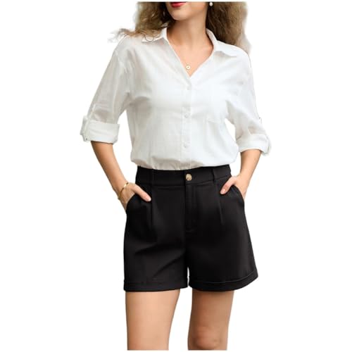 Belle Poque Damen-Shorts aus Baumwolle, Bequeme Shorts mit Taschen, elastischem Bund, weitem Bein, einfarbig, lässig-elegant Schwarz S