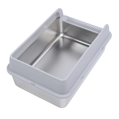 Sonew Skok z Kota ze Stali Nierdzewnej z Wysokimi Bokami i łatwym do Czyszczenia Design-duże Przeciwzaplaskowe Metalowe Kortowe Taca z gałką dla Kotów Wewnętrznych-szary 50 X 35 X 25 Cm (Mały)
