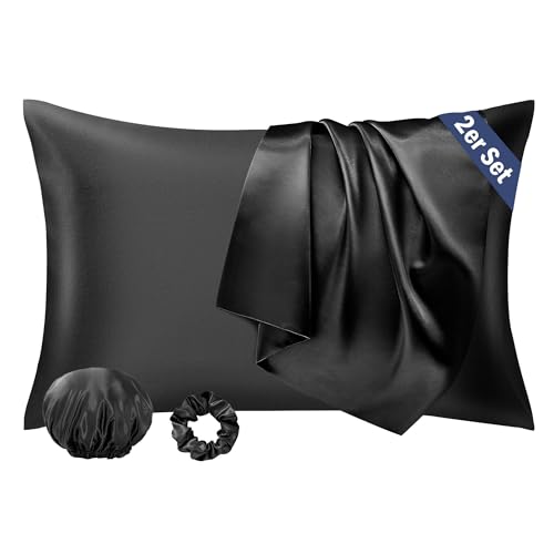 Seiwohl Satin Kissenbezug 40 x 80 2er Set, Weich wie Seidenkissenbezug Silk Pillowcase, Vegane Seide Kopfkissenbezug Kissenhülle Haarschutz für die Nacht mit Haargummi und Haarhaube, Schwarz