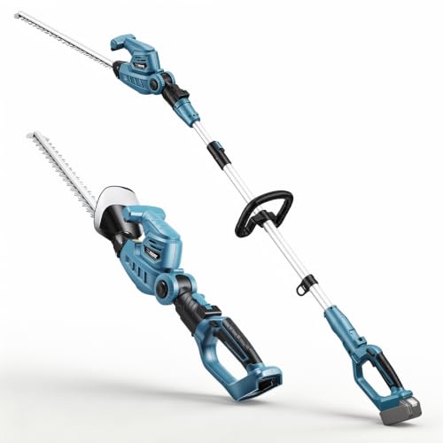 Cordless Pole & Handheld Hedge Trimmer Electric Bush Trimmer with 20 Dual-Action Blade Telescopic Pole Adjustable Rotating Head Handheld Hedge Cutter for Tree Shrubs (No Battery)