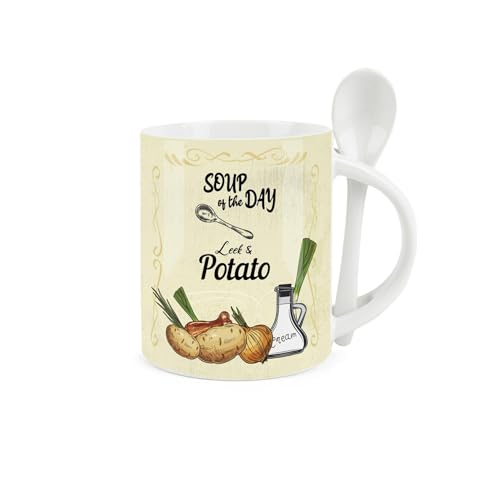 Purely Home Soup Mug and Spoon Set - Leek and Potato Soup of The Day - Ceramic White and Green Soup Mug with Spoon in Handle