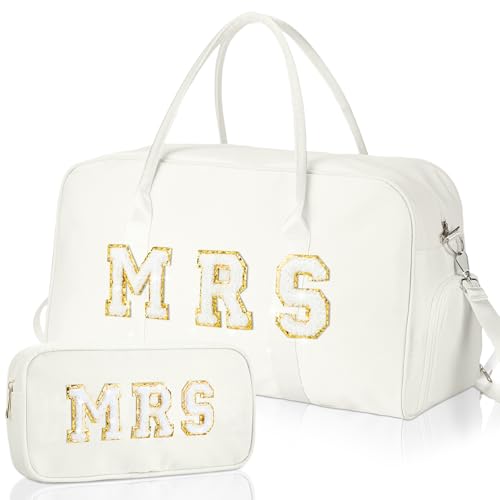 Bulyoou 2 Pcs Wedding Weekender Bag Bride Groom Duffle Bag Chenille Letter Patch Travel for Bridal Shower Honeymoon Gift(Mrs White)