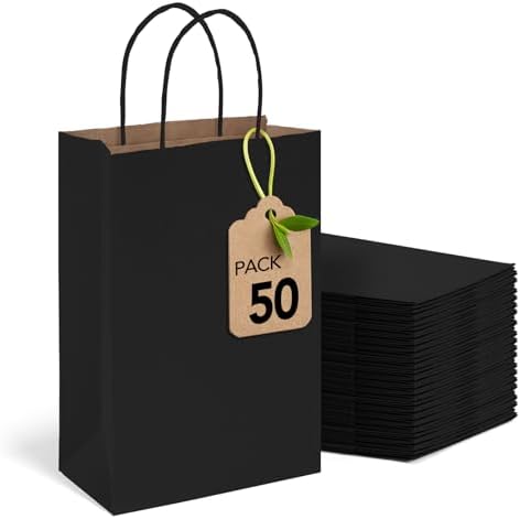 MESHA Black Gift Bags 5.25x3.75x8 Inch 50 Pack Small Black Paper ...
