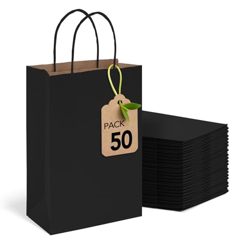 MESHA Black Gift Bags 5.25x3.75x8 Inch 50 Pack Small Black Paper Bags with Handles Bulk for Small Business Birthday Wedding Party Favor