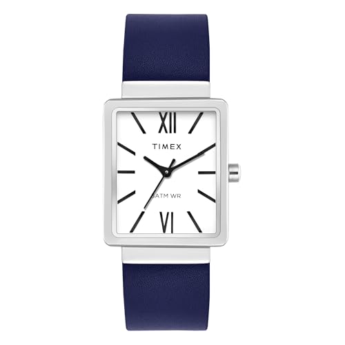 TIMEX Analog Watch for Women with White Rectangle Dial & Blue Leather Strap Band Water Resistant Women's Wrist Watches - TWEL20706
