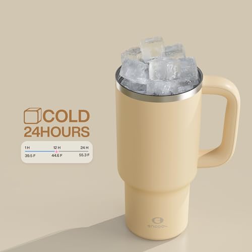 Image of ENCOOL 32 oz Tumbler with Handle and Straw: Stainless Steel Insulated Tumbler Keeps Cold for 24 Hours, Leakproof Travel Cup Fits in Cup Holder and BPA-Free, Indian Khaki