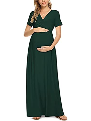 ORANDESIGNE Abiti Premaman Estivi Lunghi Cerimonia Vestiti Gravidanza Donna Eleganti Abbigliamento Foto Abito Lungo Fotografia Abito Manica Corta Allattamento Elegante B Verde Scuro M