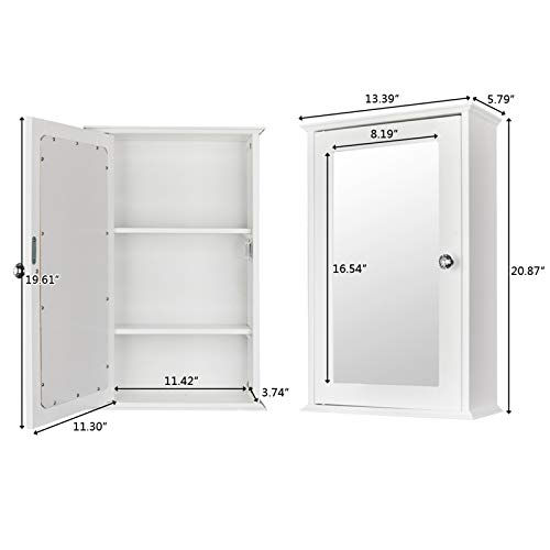 Volowoo Bathroom Wall Mounted Mirror Cabinet, Single Door Mirror Indoor Bathroom Medicine Cabinet 3-Tier Adjustable Shelf Organizer,Bathroom Living Room Furniture,White (B) #TOP1