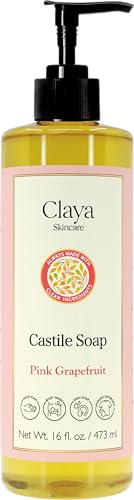 Claya Liquid Castile Soap Organic Ingredients, Biodegradable, Gentle for Sensitive Skin, Versatile Use (16 fl oz Pump Cap, Pink Grapefruit)