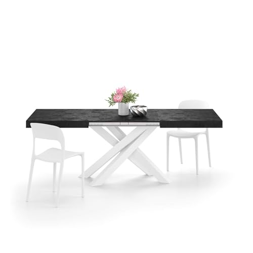 MOBILI FIVER, Mesa Extensible Emma 140(220) x90 cm, Color Cemento Negro con Patas Cruzadas Blancas, para 6-10 Personas, Mesa Extensible de Comedor, Mesa Cocina, Salon, Made In Italy