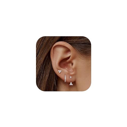 JeweBella 3Pares Pendientes Mujer Plata de Ley 925 Chapada en Oro de 14K Pendientes Pequeños Circonita Pendientes Aro Juego para Múltiples Piercings