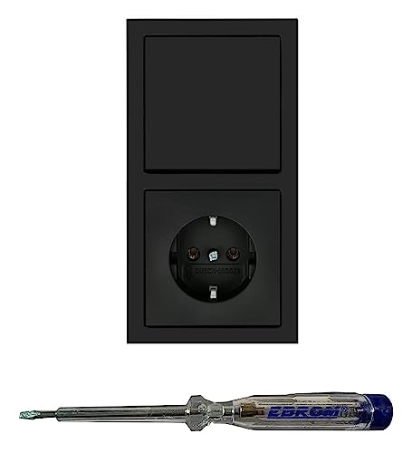 Busch Jäger Lichtschalter Wechselschalter AN/AUS 2000/6 US und Steckdose 20EUC-81 im 2-fach Rahmen in ANTHRAZIT glänzend inklusive EBROM Phasenprüfer zur Montage der Geräte