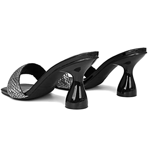 Image of Women's Square Open Toe Kitten Heel Mules, Rhinestone Sandals | Metallic PU Slides & 3.15 IN Block Square Heels: Non-Slip Rubber Outsole, Easily for Wedding, Party or Work.