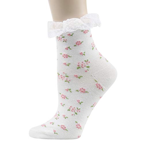 Image of KitNSox Funcat Women's Lace Ruffle Frilly Colorful Floral Cotton Casual Novelty Ankle Socks 4 /5 /6 Pairs