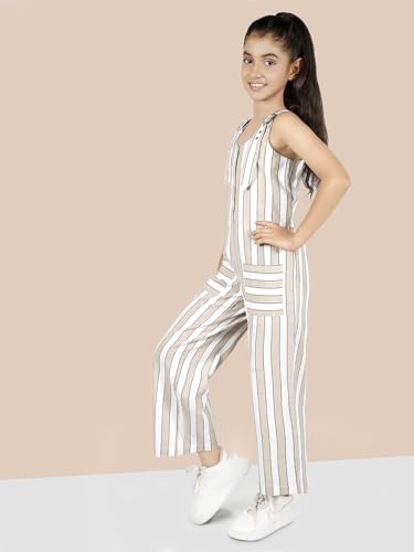 Naughty Ninos Girls Beige Coloured Striped Pure Cotton Jumpsuit (Nn01018Drs_11-12 Years)