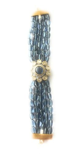 Image of Rakhi loomba Elegant Multi-Strand Bracelet, Blue Glass Beads, Kundan Flower Centre, Gold-Tone Clasp