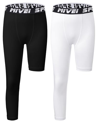 MIVEI Youth Boys One Leg Compression Pants Basketball Leg Sleeve Girls Single Tights Kids 3/4 Leggings Sports Base Layer