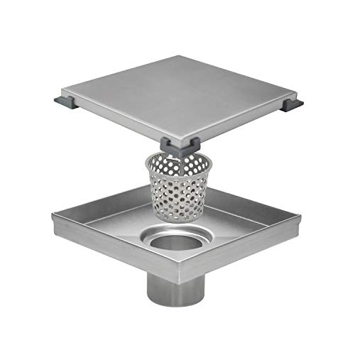 Square Shower Drain, 6 Inch with 2 In 1 Tile-Insert Cover, Brushed AISI 304 Stainless Steel Shower Floor Drain with Hair Catcher
