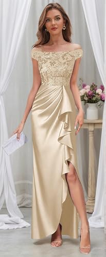 Off The Shoulder Mother of The Bride Dresses for Wedding Sequin Lace Evening Dress with Slit Ruffles Formal Gowns3