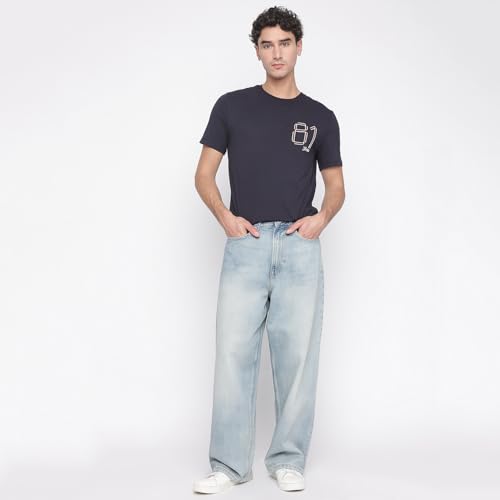 Image of GUESS Smart Blue Solid Round Neck Short Sleeves T-Shirt