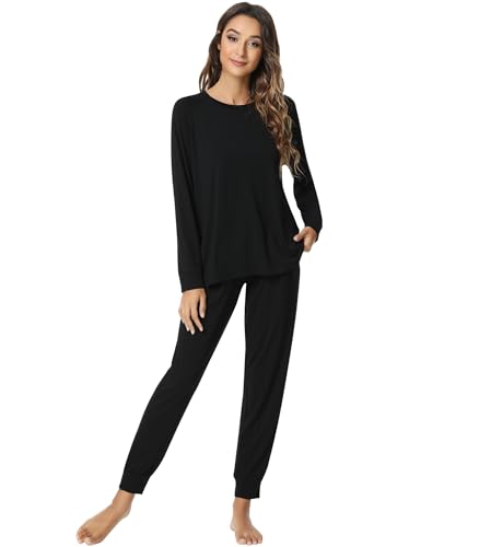 NACHILA Schlafanzug für Damen, Viskose aus Bambus, langärmelig, Rundhalsausschnitt, Pyjama mit Jogginghose, Bequeme Loungewear, Größe S-2X, A-Schwarz, S NACHILA Schlafanzug für Damen, Viskose aus Bambus, langärmelig, Rundhalsausschnitt, Pyjama mit Jogginghose, Bequeme Loungewear, Größe S-2X, A-Schwarz, S