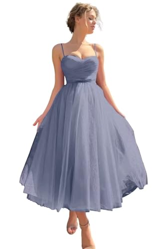 Image of A line Ruched Tulle Prom Dress Spaghetti Straps for Women, Tea Length Sweetheart Homecoming Dress Cocktail Dress