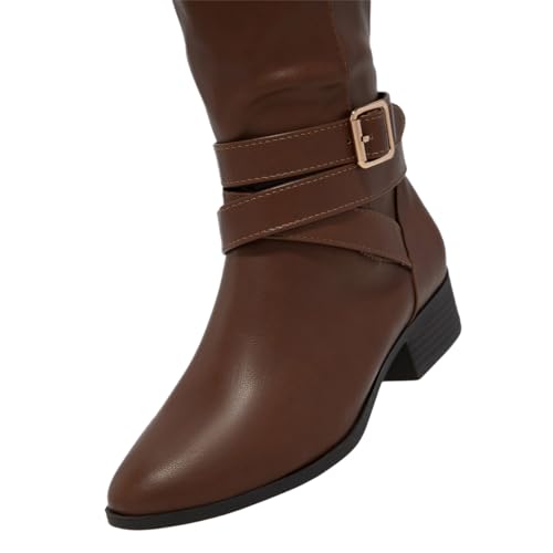 Zszszsu Women's Classic Low Flat Heel Knee High Boot Fashion Round Toe Buckle Strap Riding Boots Side Zipper Warm Winter Dress Shoes Size 4-16 US4