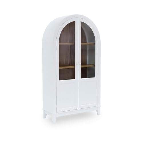 Signature Design by Ashley Dagandale Arched Accent Cabinet with Glass Doors, Quick 15-Minute Assembly, Wood and Tempered Glass, Display Storage for Living Rooms, White/Natural, 40" W x 74" H